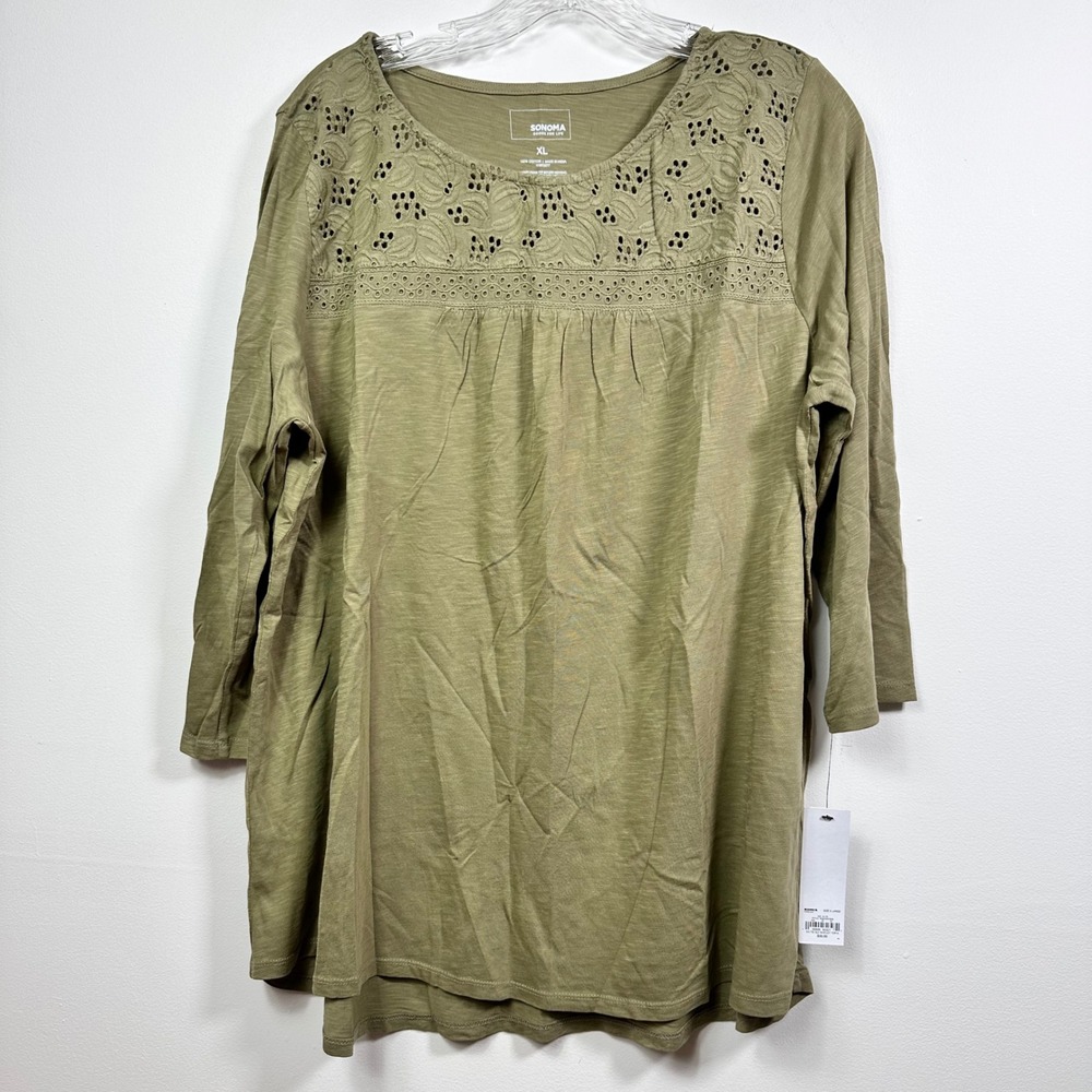 Sonoma Goods For Life Olive Green Eyelet Embroidered Slub Knit Top XL NEW